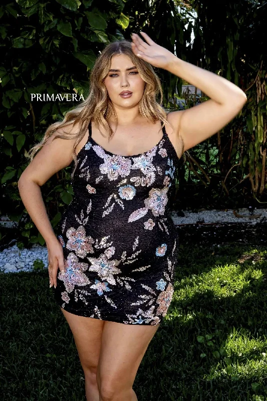 Primavera Couture -14027 Curved Floral Sequin Short Cocktail Dress Tunics Travel practical