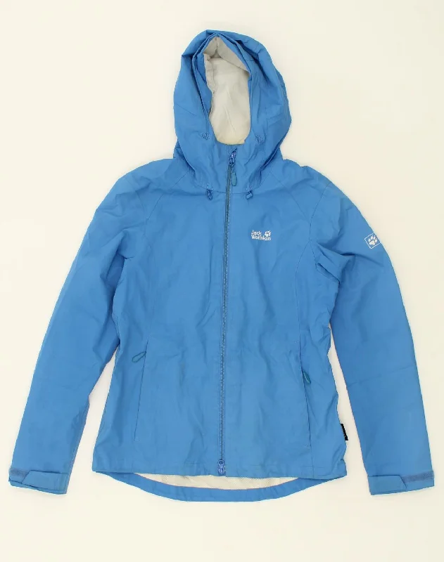 JACK WOLFSKIN Womens Hooded Rain Jacket UK 10 Small Blue Polyester Print Jacket Jacquard Jacket Patchwork Jacket JACK WOLFSKIN Womens Hooded Rain Jacket UK 10 Small Blue Polyester Print Jacket Jacquard Jacket Patchwork Jacket