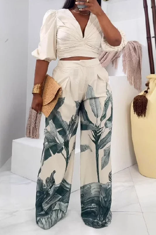 Leaf Print V Neck Twist Front Elegant Wide Leg Pant Suit Classic Pleated Pants