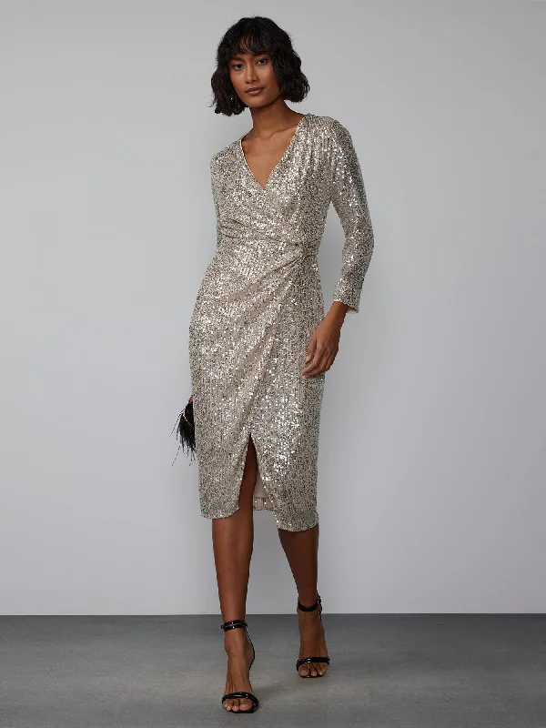 Long Sleeve Side Twist Sequin Dress