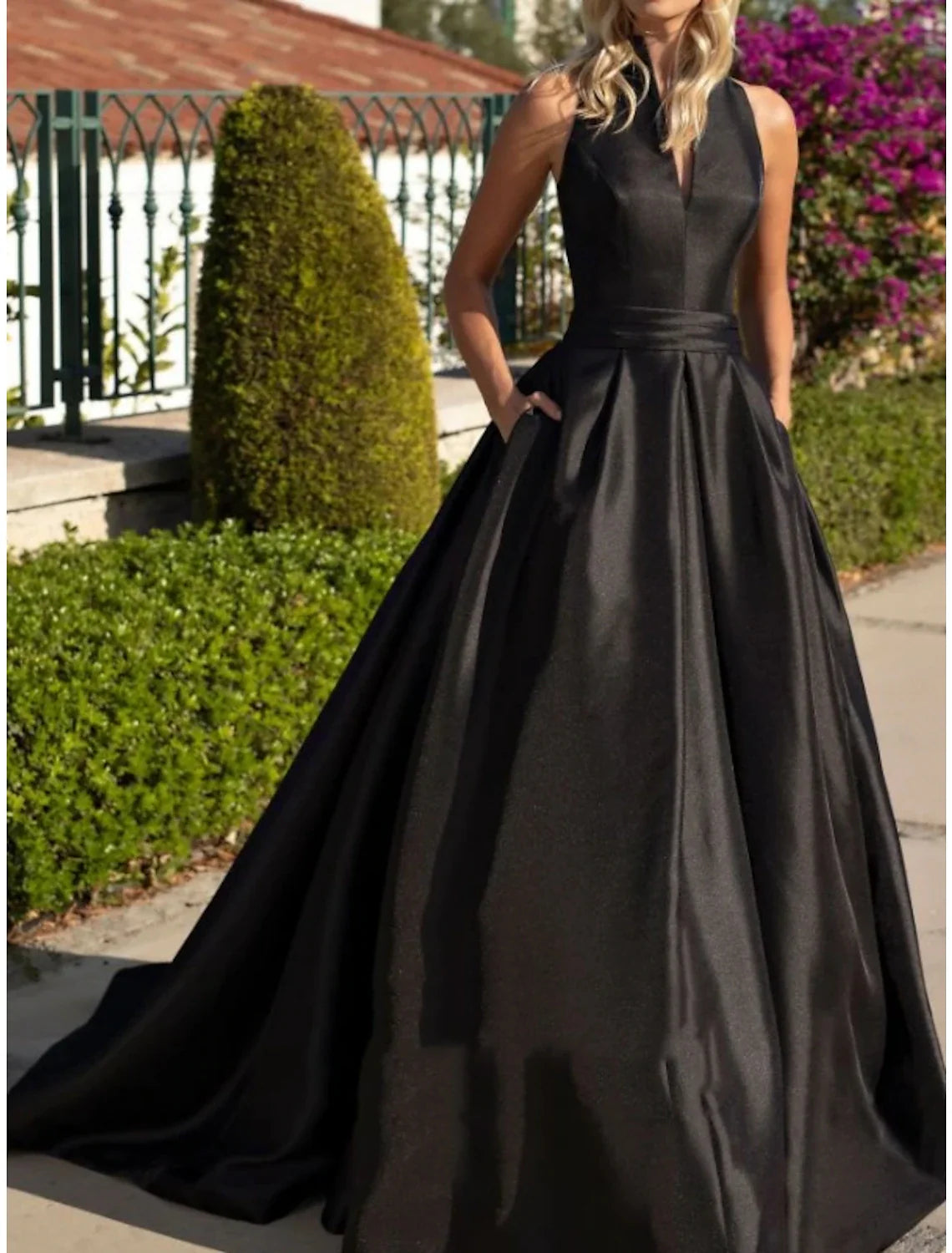 A-Line Evening Gown Party Dress Elegant Dress Formal Fall Sweep / Brush Train Sleeveless V Neck Satin with Pleats Tunics Stylish elegant