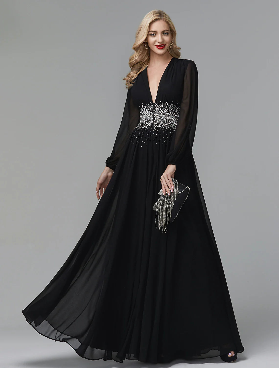A-Line Evening Dress Celebrity Red Carpet Formal Gown Party Dress Black Tie Wedding Guest Floor Length Long Sleeve V Neck Chiffon with Sequin Tunics Summer linen