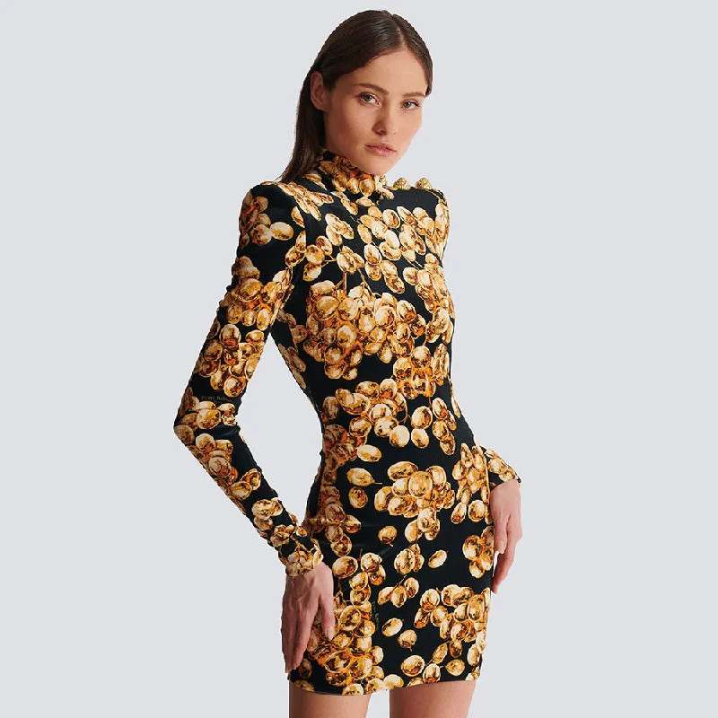 IKEARLAX popular  Gold Velvet Printed 2025 Long Sleeve Slim Dress Autumn and Winter New Retro Bottom Women's Clothing