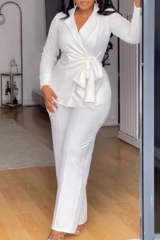 Solid Color Notched Lapel Elegant Lace-Up Pant Suit Slim Fit Casual Pants