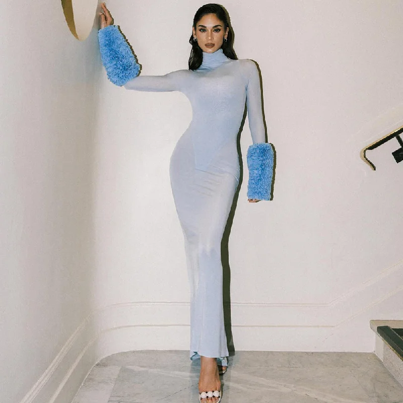 IKEARLAX popular autumn new product long-sleeved light blue tencel long dress with 2025 slim mesh sleeves dress dress