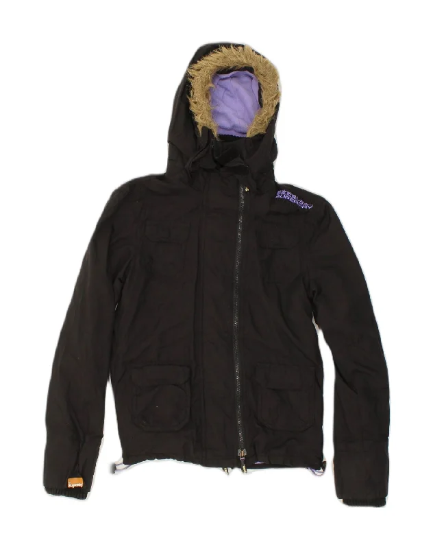 SUPERDRY Womens Hooded Rain Jacket UK 6 XS Black Polyester Plaid Jacket Tartan Jacket Houndstooth Jacket