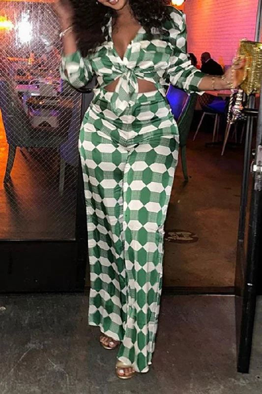 Geometric Print Commuting Pocket Pant Suit Cozy Knit Pants