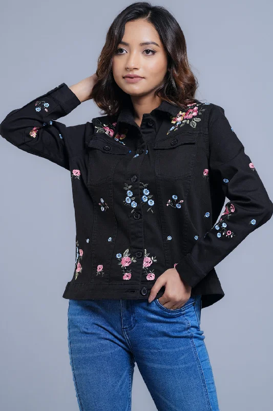 Floral Embroidered Tencel Jacket A-Line Jacket Boat Neck Shawl Collar