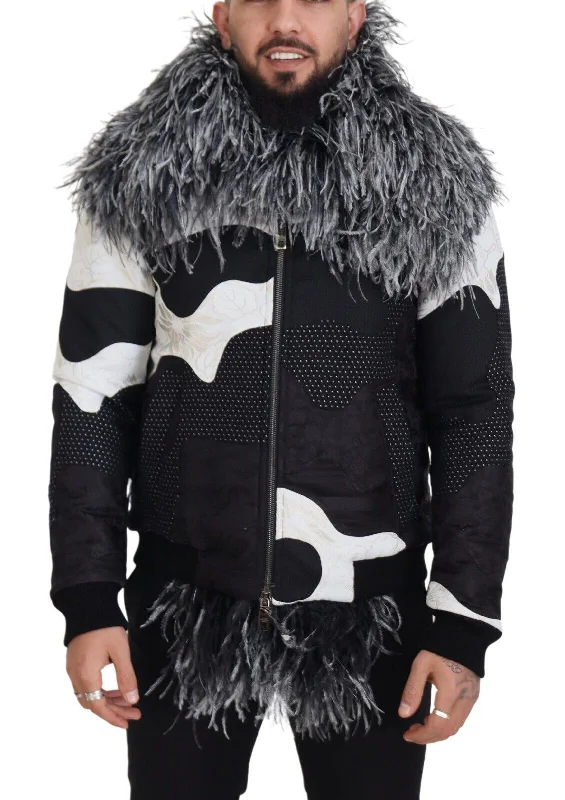Elegant Shearling Zip Jacket In Black & White Snapped Jacket Toggled Jacket Drawstring Jacket