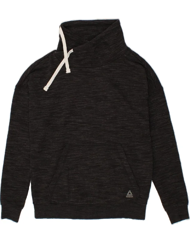 REEBOK Womens Sweatshirt Jumper UK 12/14 Medium Grey Flecked Cotton Hoodie with Lace Feminine Delicate