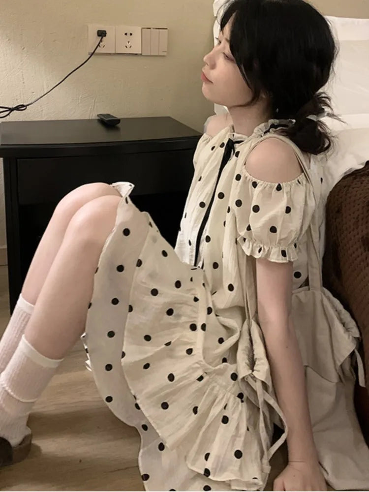 Wjczt Sweet Dot Short Dress Women Summer New Ruffles A-line Bow Kawaii Birthday Party Dress Y2K Casual Korean Chic Vestido Mujer Tunics Stylish elegant
