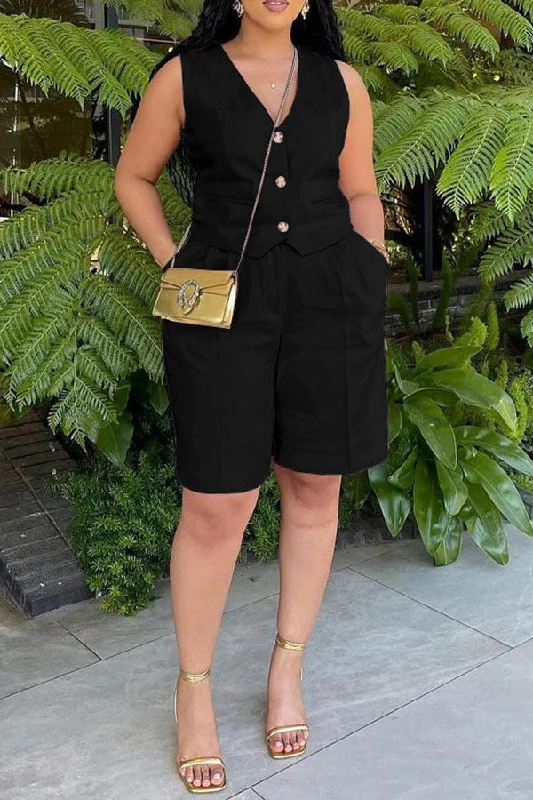Solid Color Sleeveless Classic OL Pant Suit Chic Capri Pants