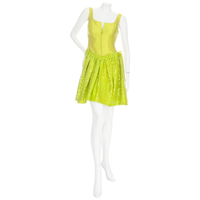 1990s Lime Silk and Sequin Skater Dress NWT Tunics Prom sequined