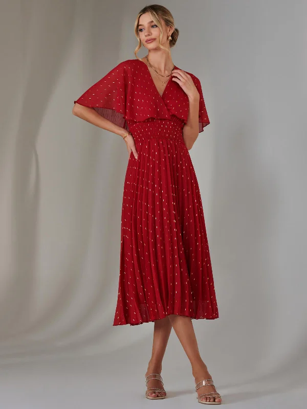 Metallic Spot Chiffon Pleated Dress, Dark Red