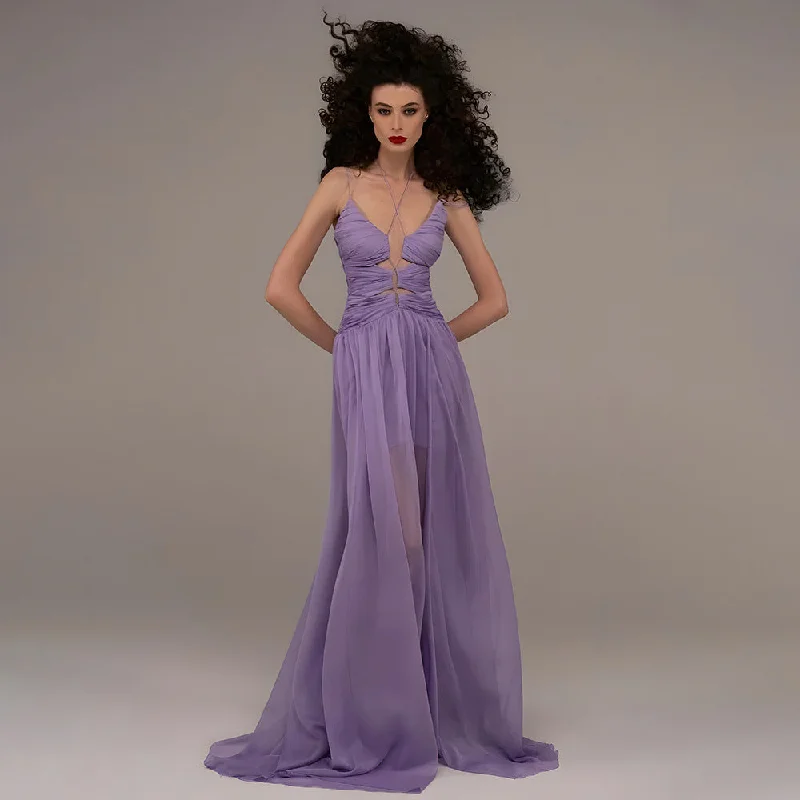 IKEARLAX 2023 summer light purple chiffon drawstring pleated long dress 2025  sexy suspender dress women's high sense