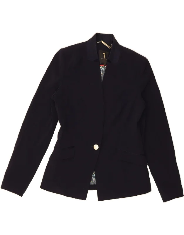 TED BAKER Womens 1 Button Blazer Jacket Size 2 Small Navy Blue Polyester Cardigan Sweater Pullover TED BAKER Womens 1 Button Blazer Jacket Size 2 Small Navy Blue Polyester Cardigan Sweater Pullover