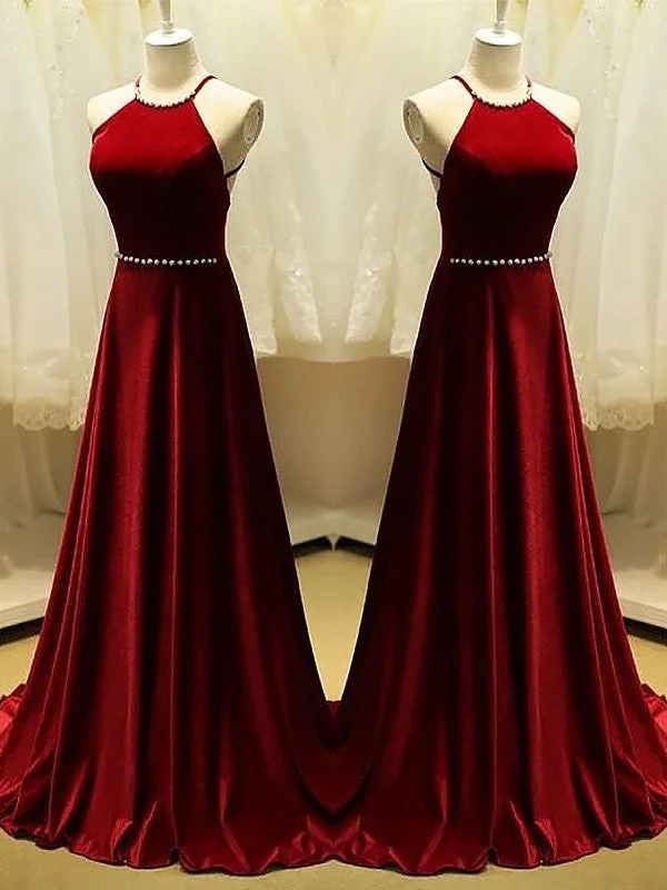 A-Line Halter Sleeveless With Beading Satin Prom Dresses