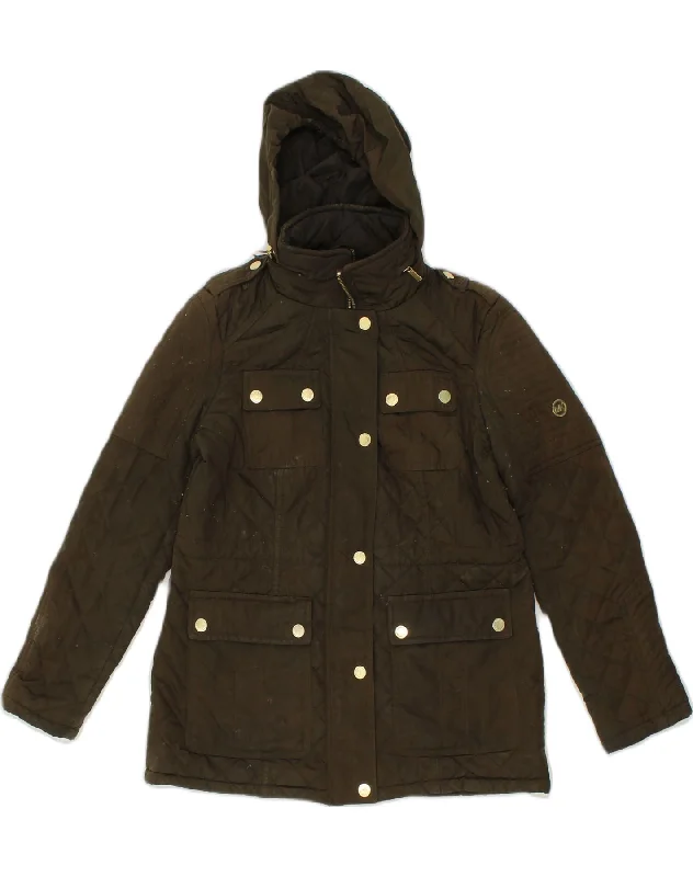 MICHAEL KORS Womens Hooded Padded Jacket UK 10 Small Khaki Polyester Tiered Jacket Buttoned Jacket Zippered Jacket