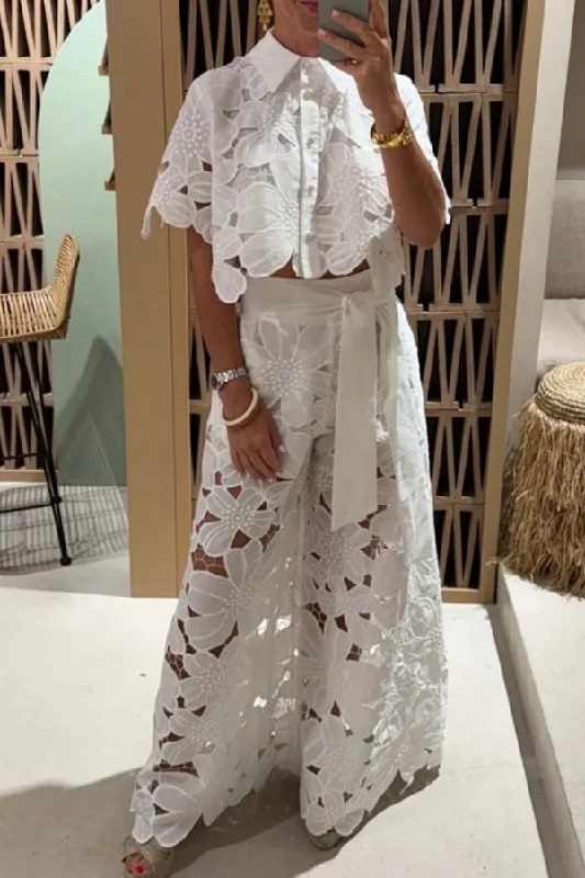 Solid Color Cutout Lace Laid Back Wide Leg Pant Suit Slim-Fit Leggings