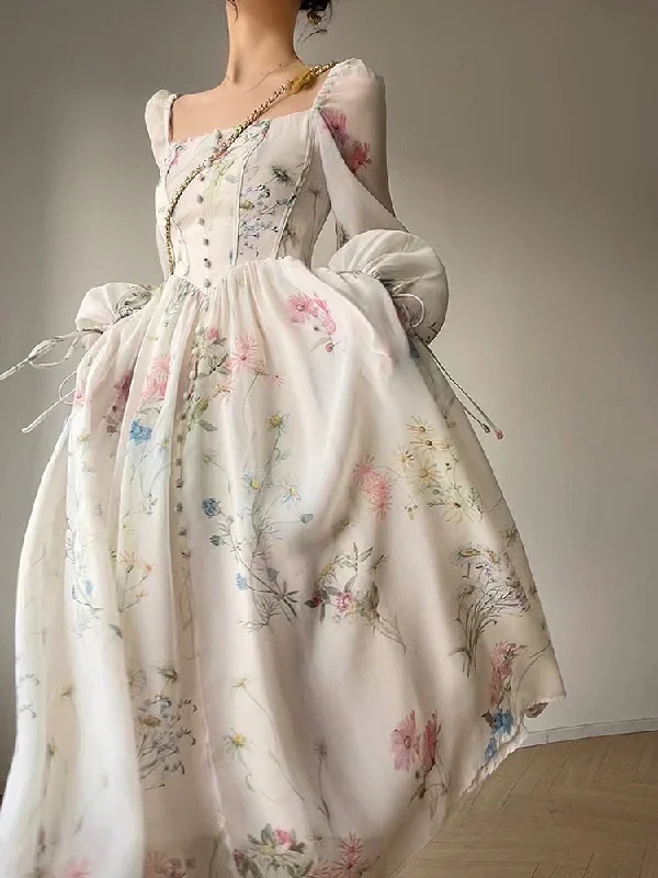 Wjczt French Elegant Floral Midi Dress Chiffon Long Sleeve Evening Party Dress Woman Beach Fairy One Piece Dress Korean Summer Tunics Chic fashionable