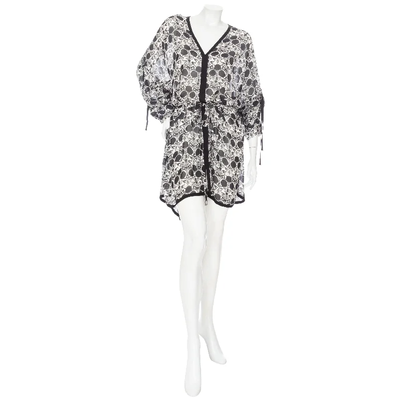 2014 Black and White Silk Botanical-Print Caftan Dress Tunics Evening elegant