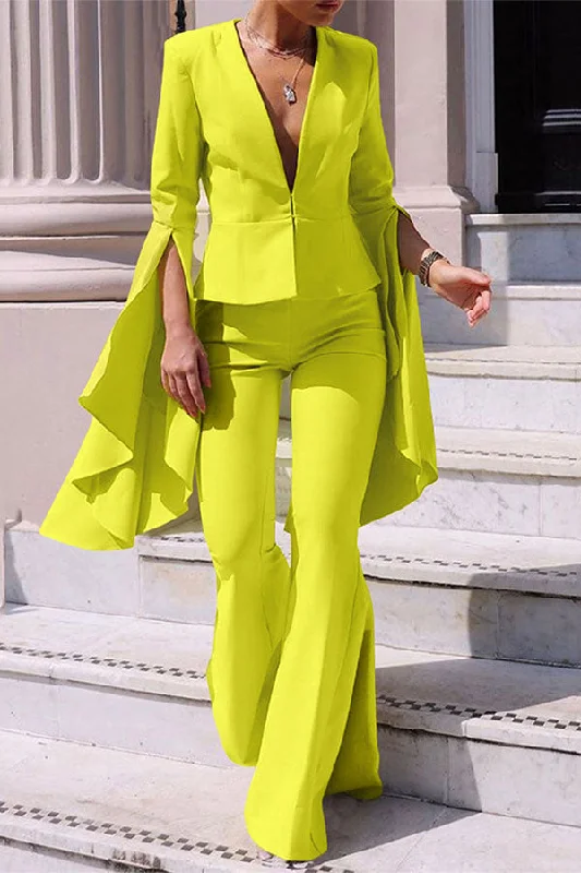 Solid Color Modern Irregular Bell Bottoms Pant Suit High-Waist Trousers