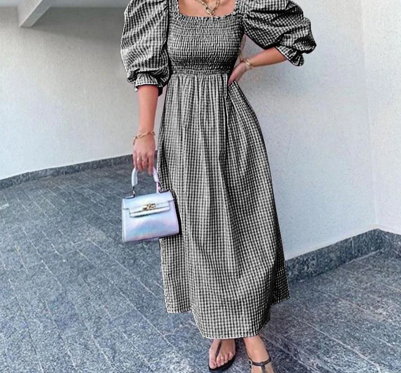 Wjczt Party Dress 2022 Women Vintage Plaid Long Dresses Bohemian Vestidos Oversize Casual Half Sleeve Square Collar Sundress Tunics Evening elegant