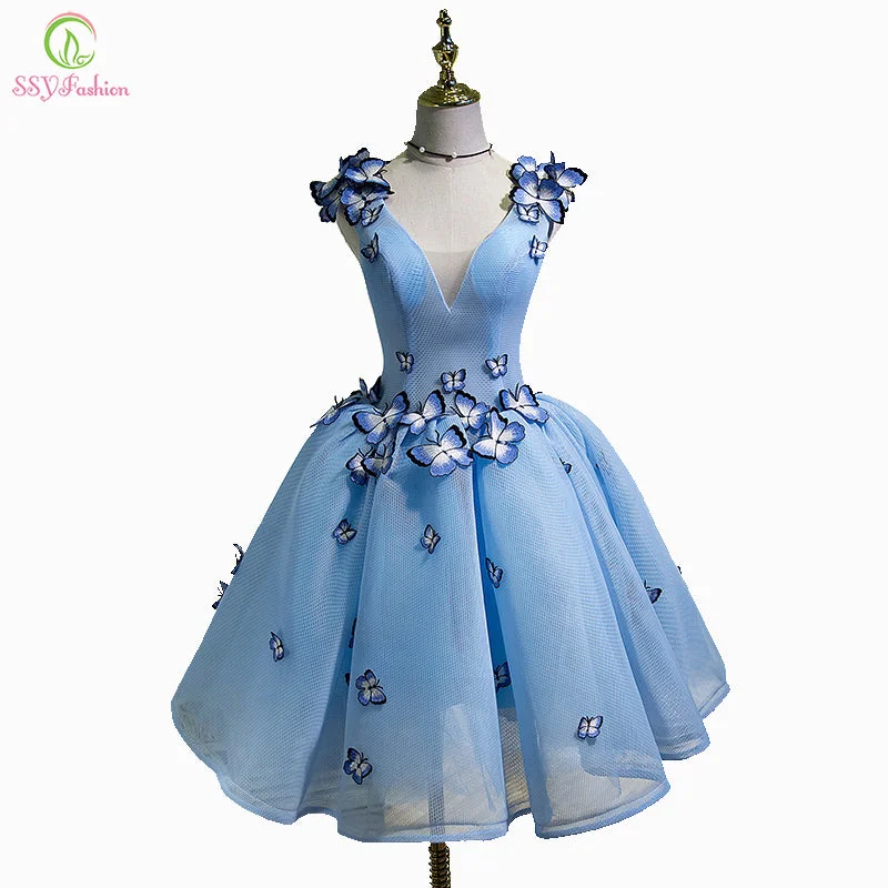 SSYFashion New Sexy Cocktail Dress The Bride Banquet Sky Blue V-neck Sleeveless Backless Butterfly Party Ball Gown Custom Made
