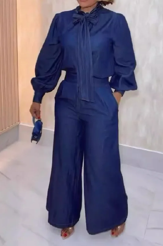 Solid Color Pussy Bow Urban Wide Leg Pant Suit Casual Sweatpants Style