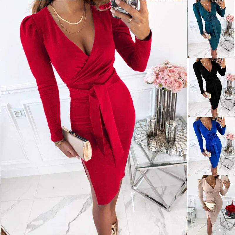 Wjczt Sexy Deep V Neck Bodycon Dress Autumn Women Long Sleeve Lace-up Party Dresses Ladies Split Dress Clubwear Vestidos De Noche Tunics Trousers formal