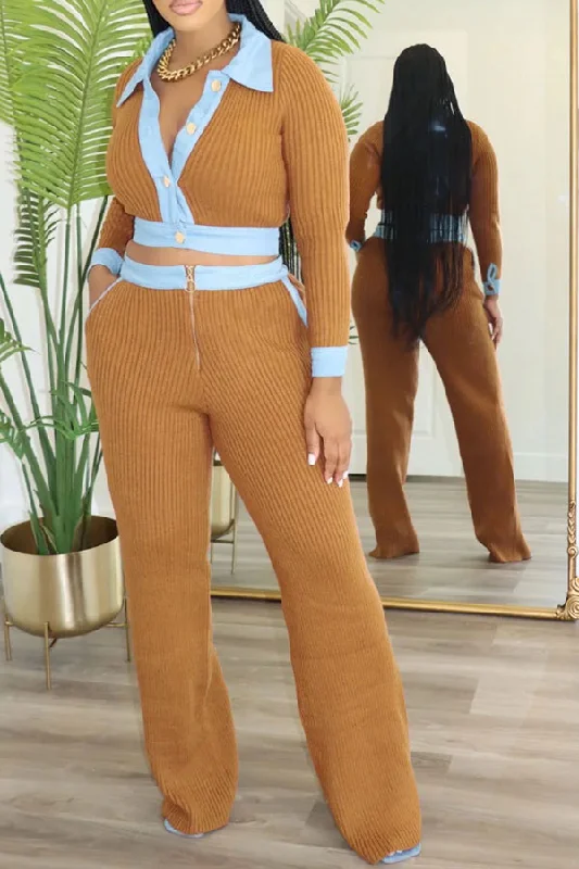 Hit Color Patchwork Commuting Ribbed Pant Suit Casual Skinny Fit Pants