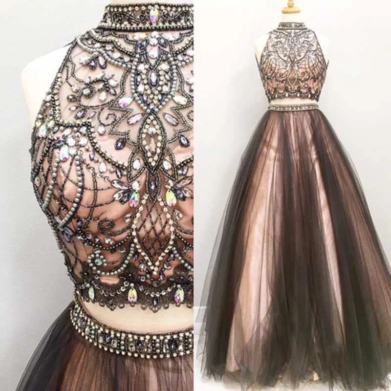 Sleeveless High Neck Long A line Prom Dresses , Two Pieces Prom Dress, Tulle Evening Prom Dress, Charming Prom Dress,Party Dresses, Evening Dresses,PD0048 Crew Neckline Casual