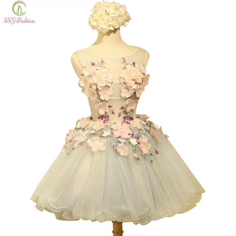 SSYFashion New Arrvial Sweet Flower Cocktail Dress Bride Banquet Sweet Organza Sleeveless Appliques Mini Party Ball Gown Custom