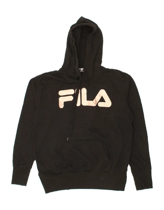 FILA Womens Graphic Hoodie Jumper UK 20 2XL Black Cotton Hoodie with Print Artistic Unique