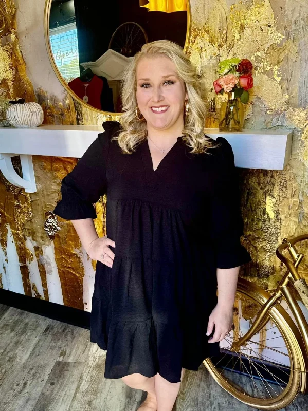 Black Woven Tiered Split Neck Dress