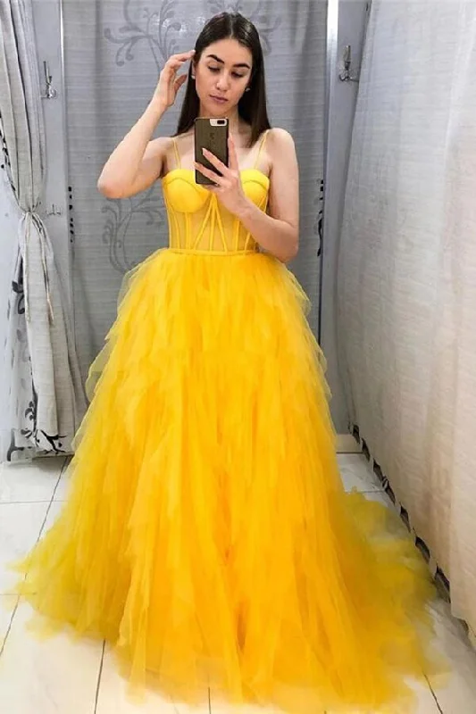 Yellow A-line Organza Spaghetti Straps Prom Dresses, Evening Dresses
