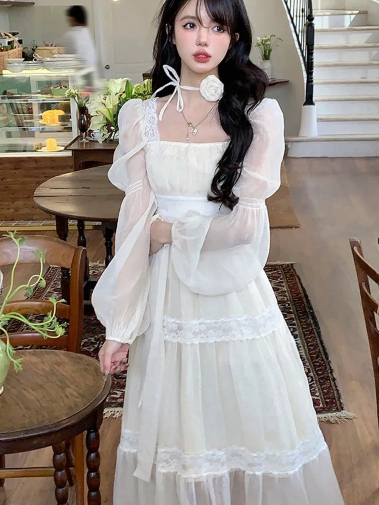 Wjczt Summer Chiffon Midi Dress Women Lace Y2K Lolita Fairycore Puff Sleeve High Waist French Vintage Evening Party Dresses Prom Robe Satin Halter Glamorous