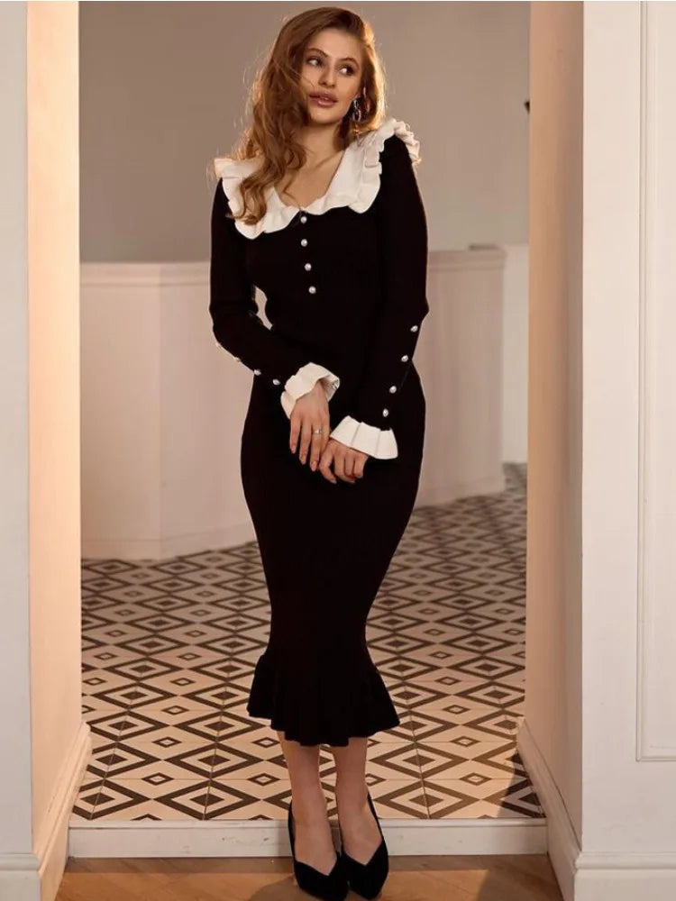 Wjczt Ruffled Patchwork Knit Maxi Dress For Women Elegant Ribbed Long Sleeve Party Dress Gown Slim Knitwear Fashion Long Dress Tunics Corduroy durable