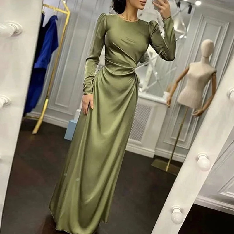 Wjczt Elegant Women Bodycon Party Dress Summer Long Sleeve Slim Fit Sundress Femme Robe Solid Round Neck Ladies Long Dress Cover Up Tunics Stylish elegant