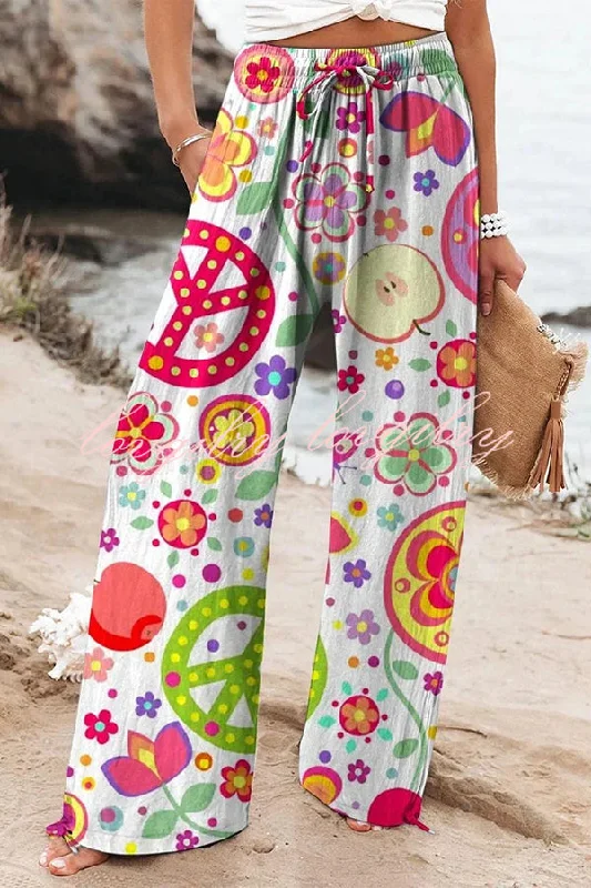Colorful Print Elastic Waist Drawstring Pocket Pants Trendy Printed Pants