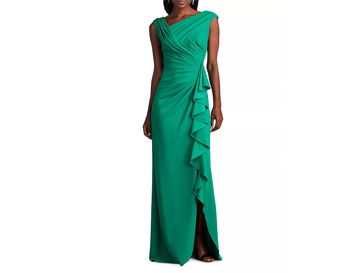 Green Asymmetric Draped Long Dress with Slit for MOB MOG Tunics Vintage classic