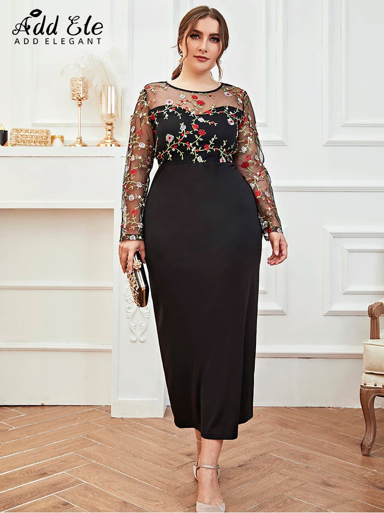 Add Elegant Plus Size Rear Slit Dress for Women Embroidery Patchwork O Neck Long Sleeve Female Clothing Slim Party Dresses B786 Tunics Wedding white