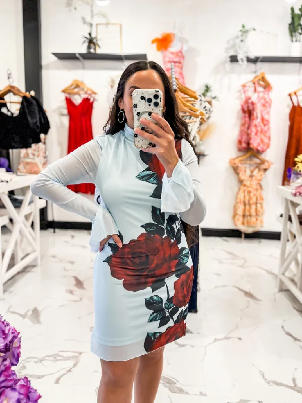 Savior Mesh Rose Print Dress (Blue)