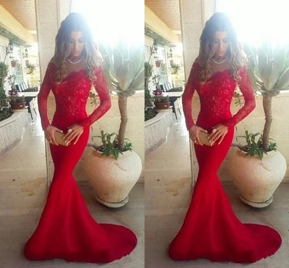 Long Sleeve Lace Mermaid Prom Dresses, Long sleeve Evening Party Dresses, Red Prom Dress, 2017 Prom Dress, Formal Prom Dress, 17008 Turtleneck Warm Winter
