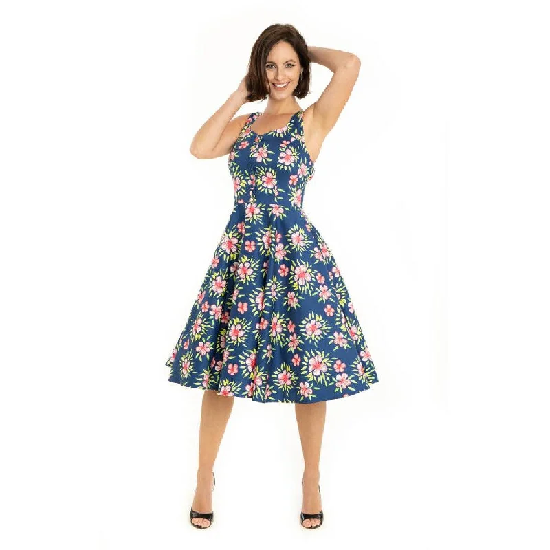 Miss Lulo Heidi Swing Dress in Blue with Pink Floral Elegant Long Evening