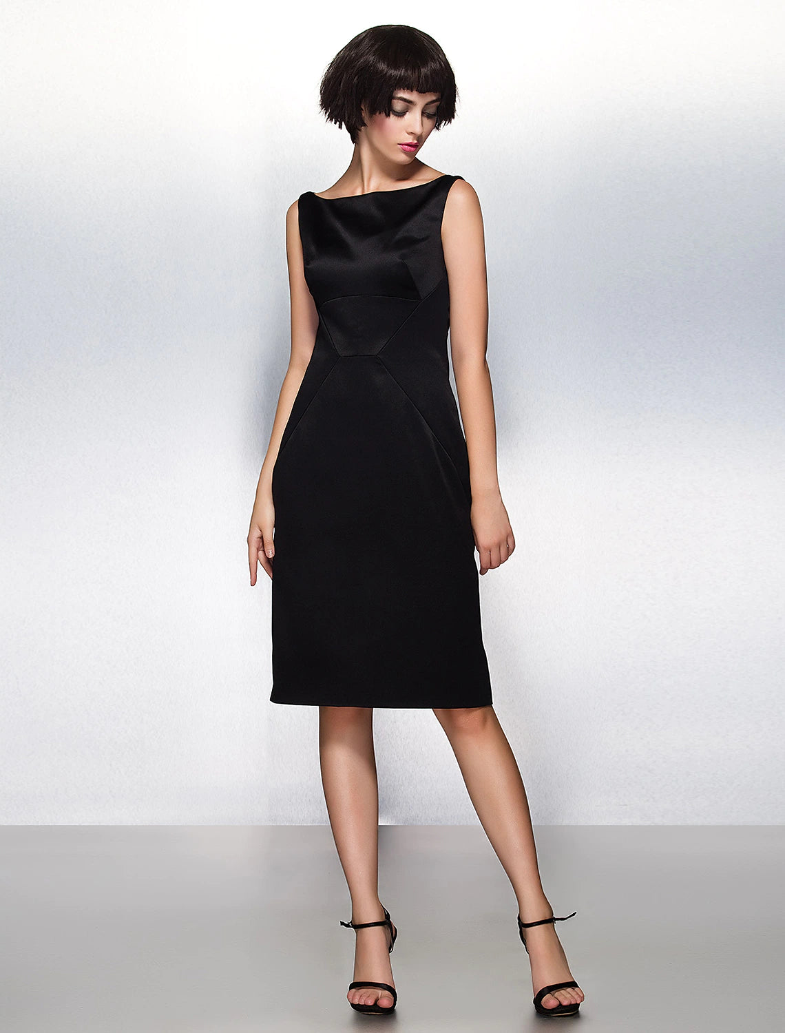 Sheath / Column Party Dress Wedding Guest Knee Length Sleeveless Bateau Neck Satin with Pleats Tunics Solid Classic
