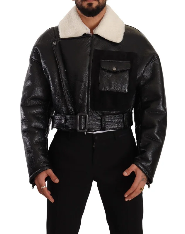 Elegant Shearling Biker Jacket Snapped Jacket Toggled Jacket Drawstring Jacket