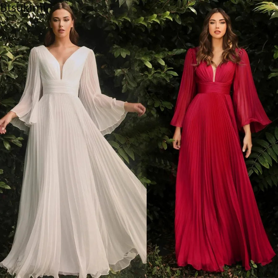 2023 Women's Elegant Evening Party Dress Long Sleeve Sexy Deep V Neck White Floor Length Dresses Female Wedding Gowns Prom Robes Tunics Prom sequined