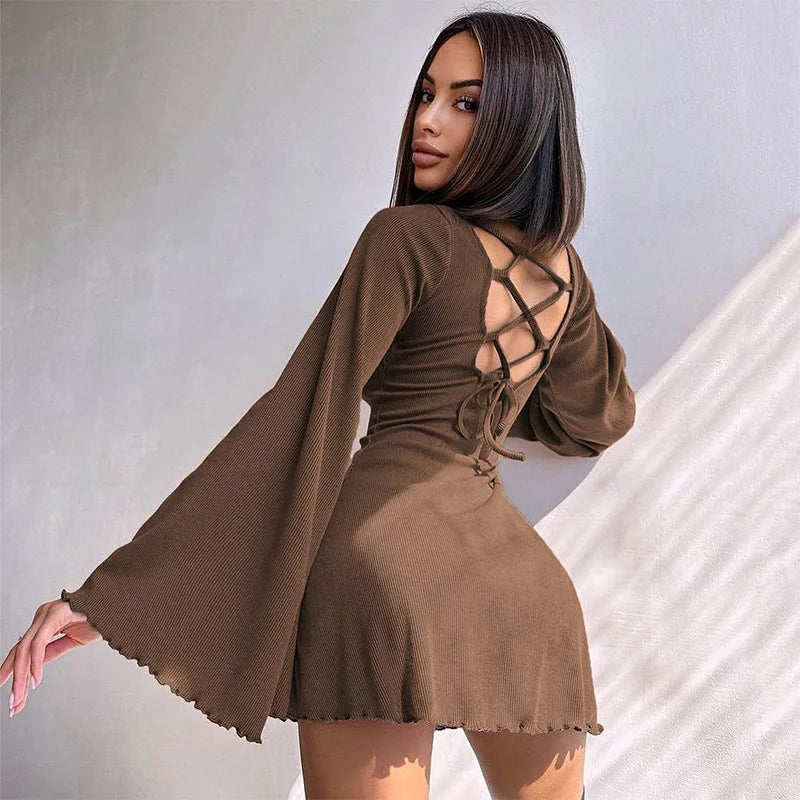Wjczt Sexy Dresses Nightclub Mini Short Party Dress Women Back Bandage O Neck A Line Flare Sleeves Autumn Vestidos Ladies Fall Robe Crew Neckline Casual