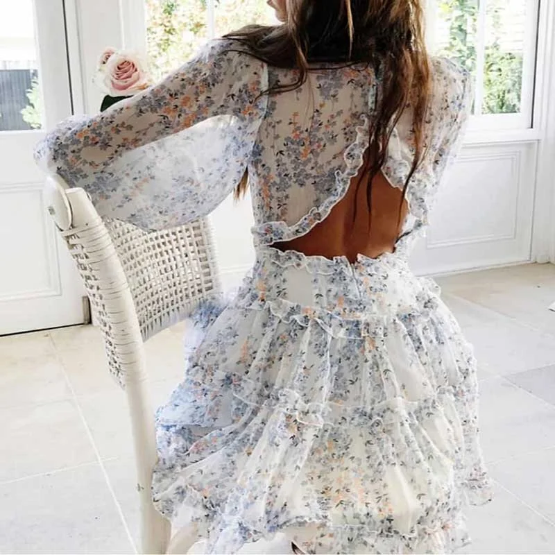 Wjczt Harlow Floral Print Ruffle Dress women backless V-neck dress women mini summer dress ladies  party dress Tunics Brand named